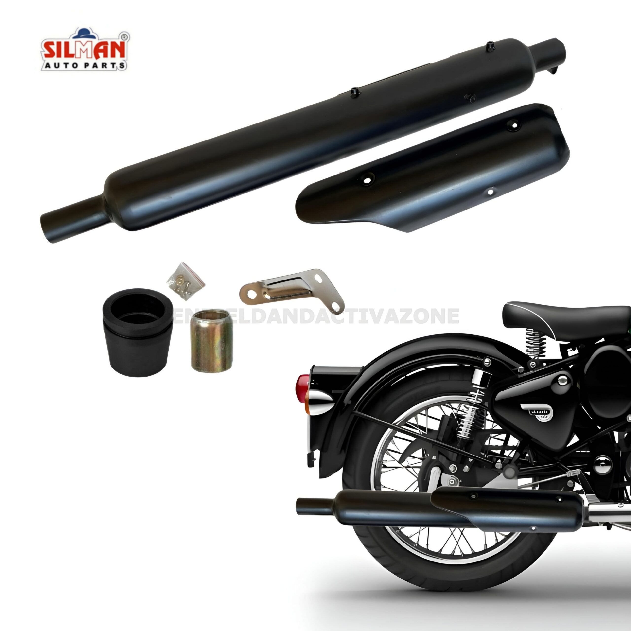 EAZ Silman LSJ18B Stock Silencer Replica with Jaali | OEM-Style Black Exhaust for Royal Enfield Classic, Standard & Electra