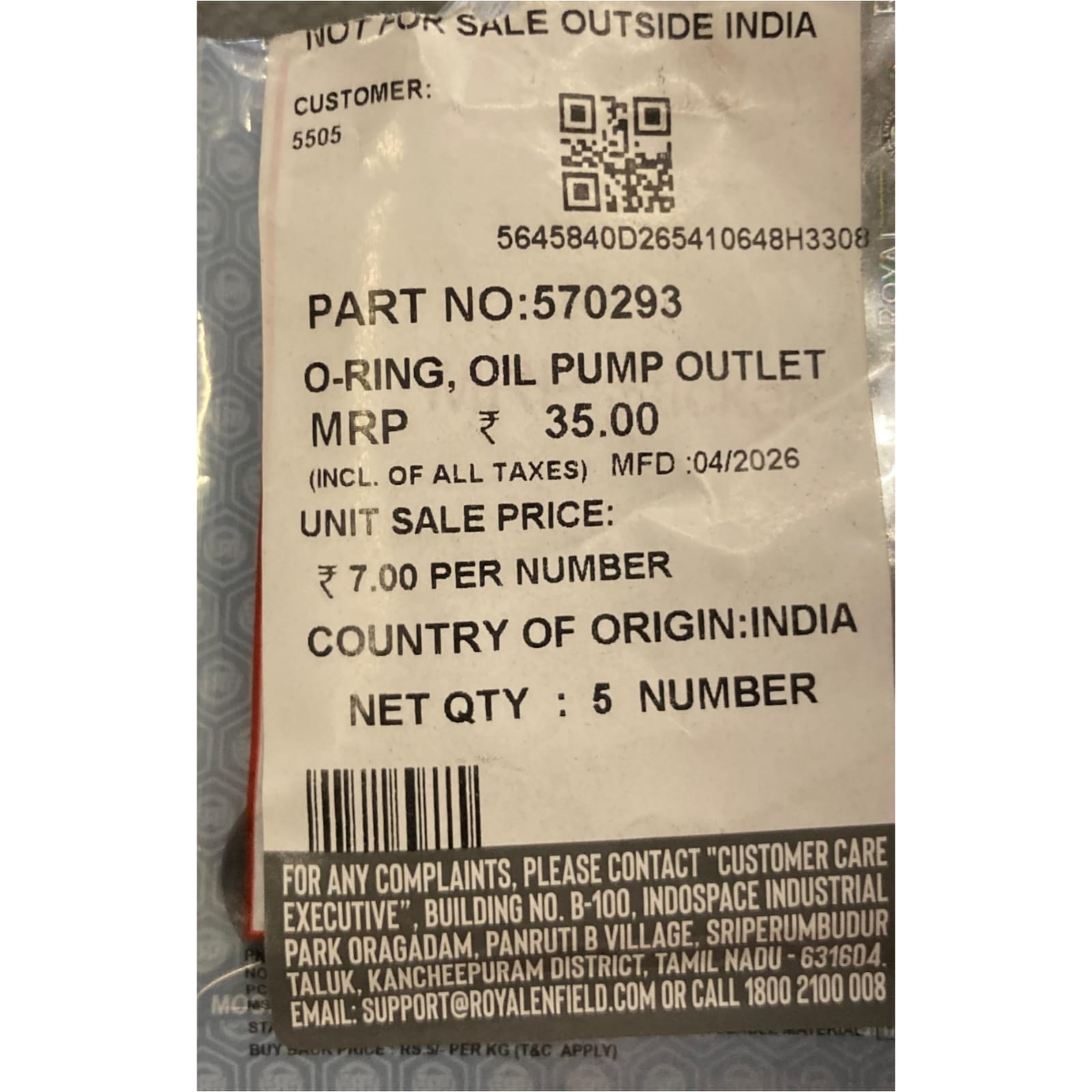 Royal Enfield Genuine O-Ring – Oil Pump Outlet Seal for Classic & Bullet UCE (Part No. 570293)-(Per Piece) - Image 3