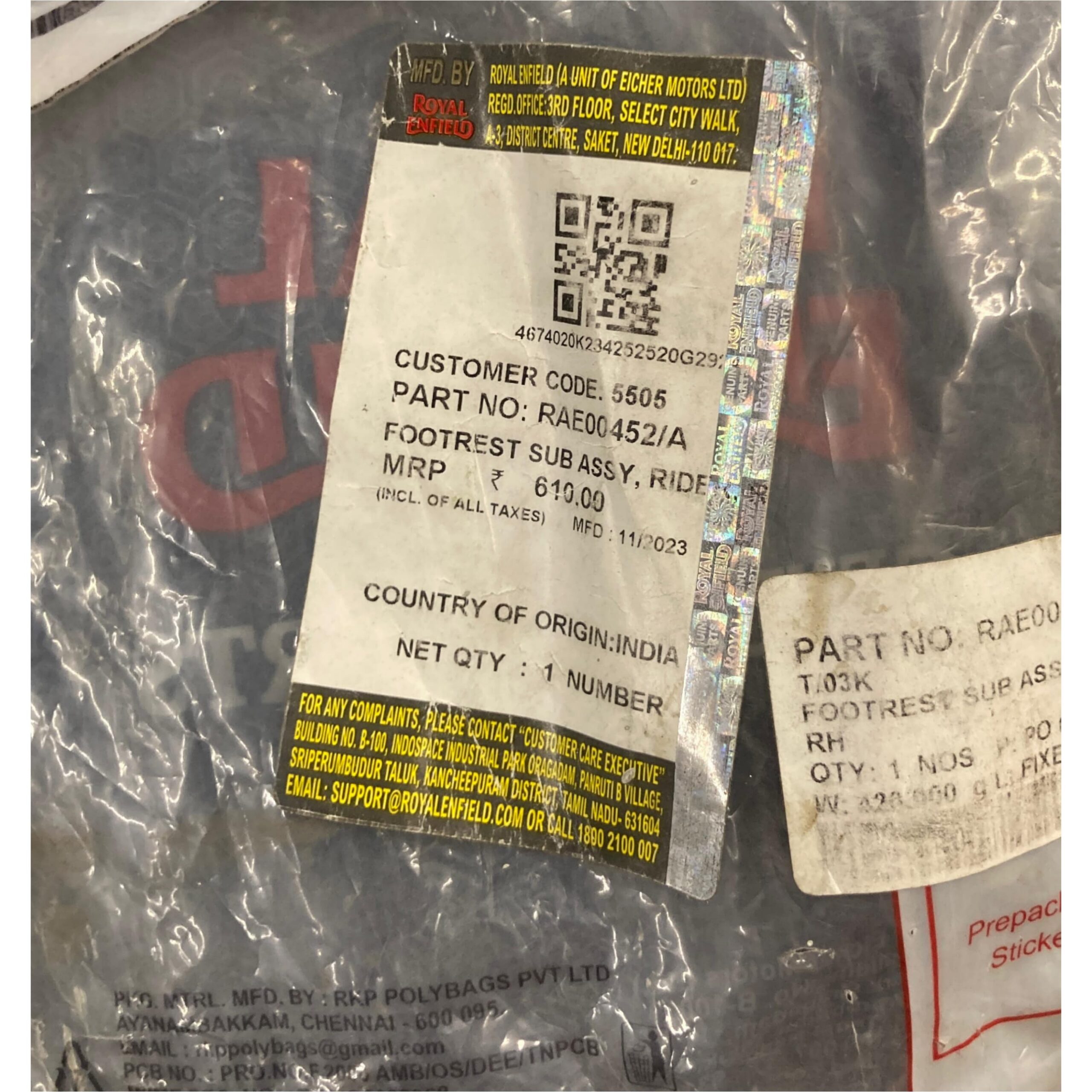 Royal Enfield Genuine Footrest Sub-Assembly Rider RH – Original J-Series Front Footrest (Part No. RAE00452/A) - Image 4