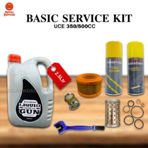 Royal Enfield UCE Basic Service Kit Combo (7 Items) | 15W50 Engine Oil, Oil Service Kit, Air Filter, Suction Filter, Chain Cleanser, Chain Lube & Chain Cleaning Brush | Compatible with Classic 350, Bullet 350, Standard & Electra BS3 BS4 BS6