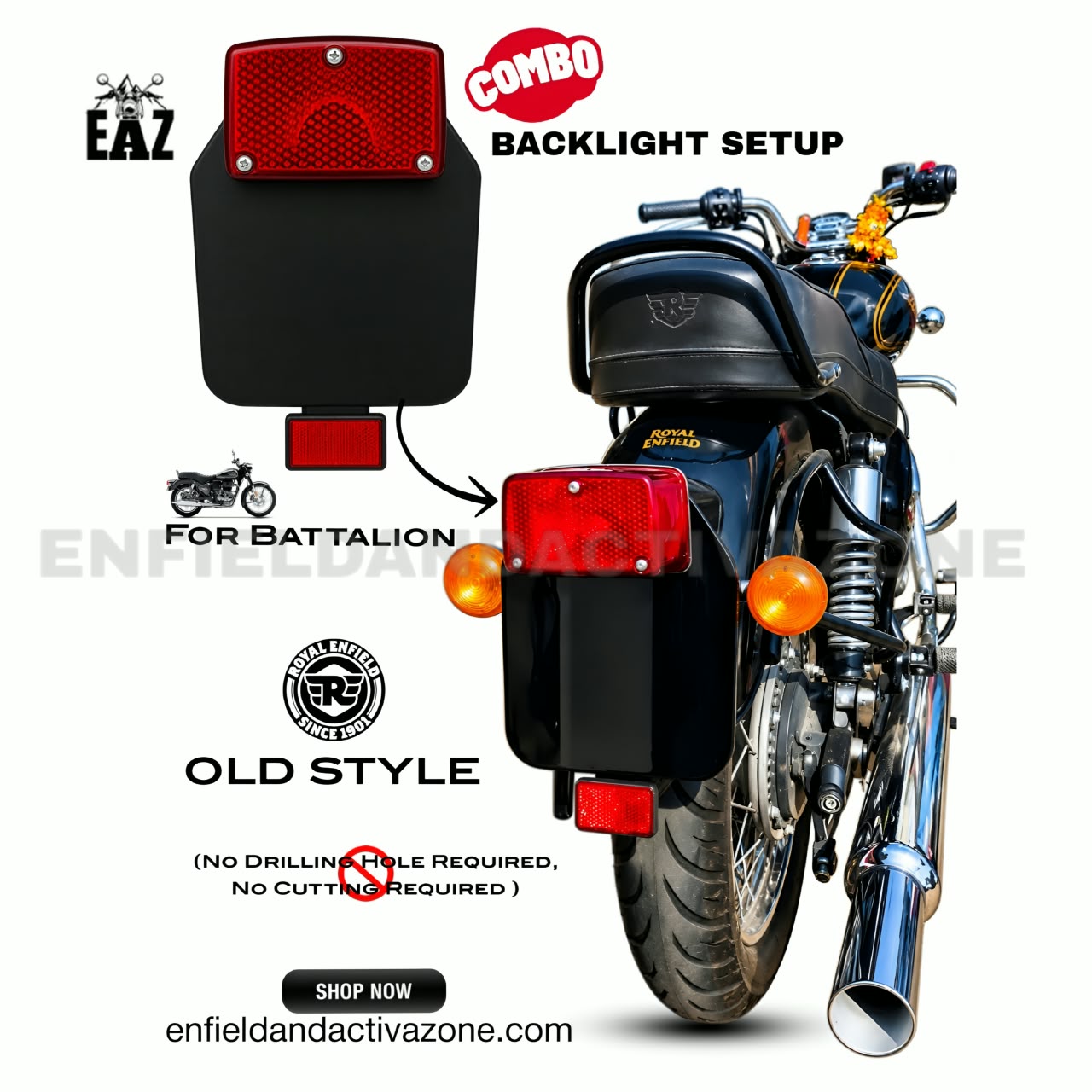 EAZ Old Style Standard Number Plate Combo with Lumax American Backlight & Reflector for Royal Enfield Battalion Black